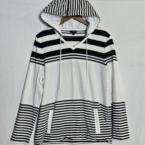 Talbots Women's Pullover Striped Hoodie Navy & White Size Large w Pocket Soft!
